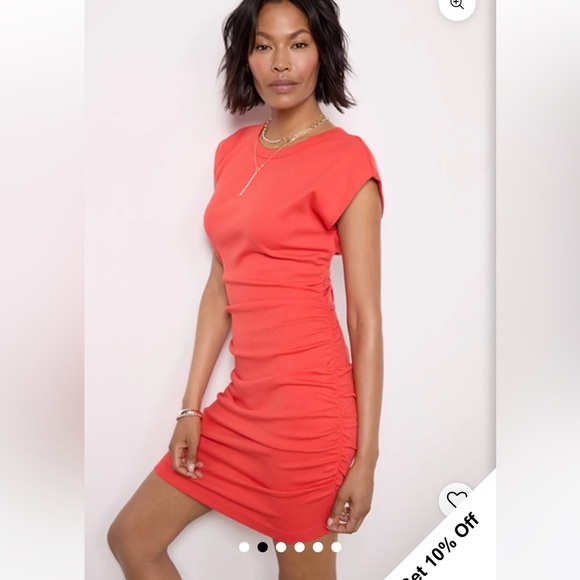 EUC Michael Stars Maude Power Shoulder Vibrant Coral Red Mini Dress - Picture 7 of 10